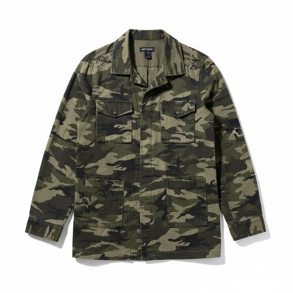 Hot Topic Jacket Sz L Green Camouflage Button Pockets Cotton Distressed - Picture 1 of 8